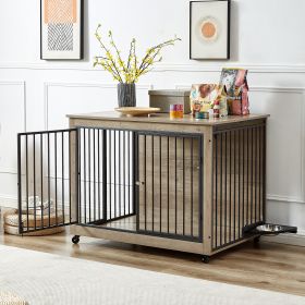 Dog Crate Side Table With Rotatable Feeding Bowl, Wheels, Three Doors, Grey, 43.7"W x 30"D x 33.7"H