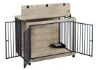 Dog Crate Side Table With Rotatable Feeding Bowl, Wheels, Three Doors, Grey, 43.7"W x 30"D x 33.7"H