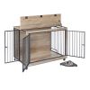 Dog Crate Side Table With Rotatable Feeding Bowl, Wheels, Three Doors, Grey, 43.7"W x 30"D x 33.7"H