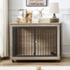 Dog Crate Side Table With Rotatable Feeding Bowl, Wheels, Three Doors, Grey, 43.7"W x 30"D x 33.7"H