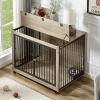 Dog Crate Side Table With Rotatable Feeding Bowl, Wheels, Three Doors, Grey, 43.7"W x 30"D x 33.7"H