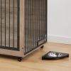 Dog Crate Side Table With Rotatable Feeding Bowl, Wheels, Three Doors, Grey, 43.7"W x 30"D x 33.7"H