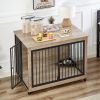 Dog Crate Side Table With Rotatable Feeding Bowl, Wheels, Three Doors, Grey, 43.7"W x 30"D x 33.7"H