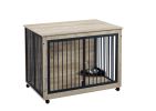 Dog Crate Side Table With Rotatable Feeding Bowl, Wheels, Three Doors, Grey, 43.7"W x 30"D x 33.7"H