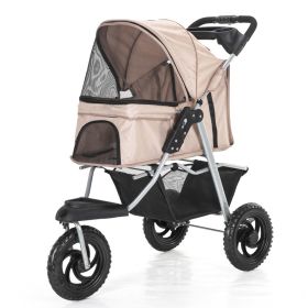 Three Wheel Folding Pet Stroller, Adjustable Canopy (Color: Beige)