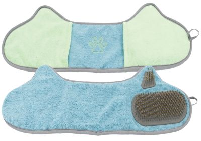 Hand-Inserted Pet Grooming Towel and Brush (Color: Blue / Aqua)